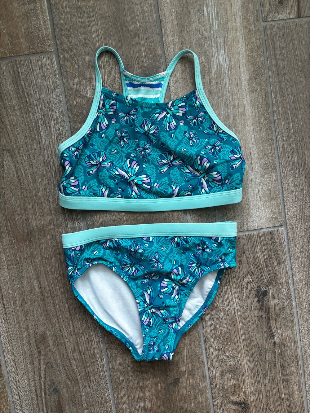 L.L. Bean Turquoise Floral Girls' Two-Piece Reversible Swim Set